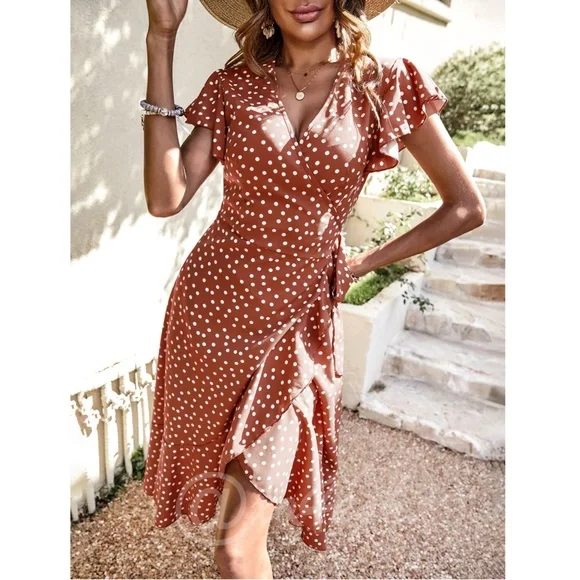 Polka Dot Midi Dress Wrap Burnt Orange - Picture 5 of 10